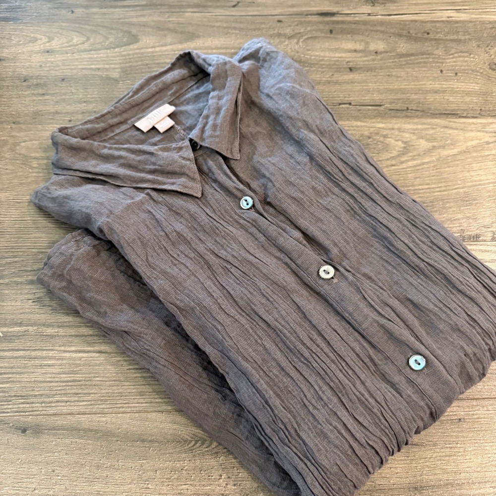 J. Jill Gray Metallic Crinkle Gauze Button Down Tunic Top 3/4 Sleeve Large